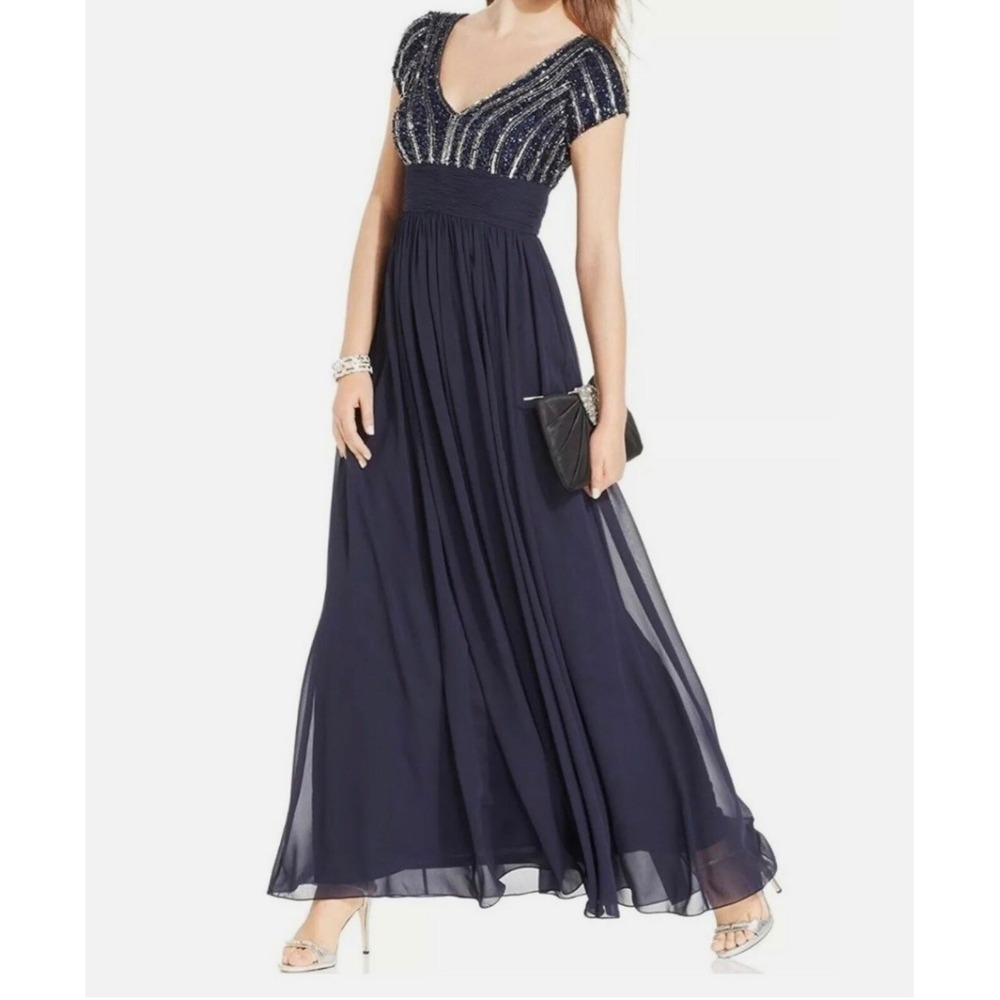 JS Collections Dress Size 6 Navy Blue Chiffon Sequin Bodice Formal‎ Evening Gown